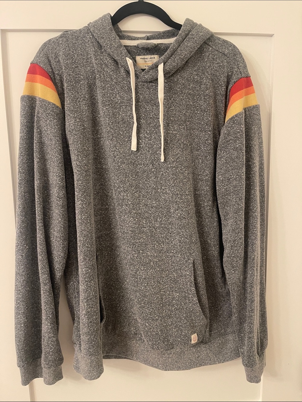 Marine Layer Gray Hoodie with Red-Orange-Yellow Shoulder Stripes